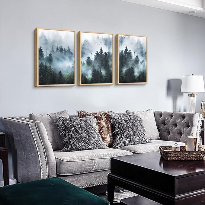 Natural Wood Framed Wall Art For Living Room Wall Decorations For Bedroom Office Wall Decor Foggy Forest Paintings Trees Landscape Wall Pictures Prints Artwork Large Size Home Decor of 3 Piece Art