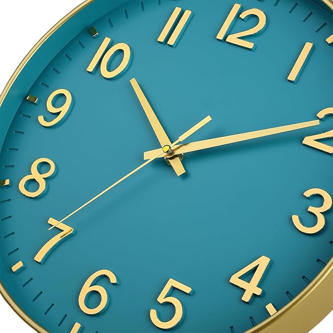 HZDHCLH Teal and Gold Wall Clocks Battery Operated 12 inch Silent Non Ticking Modern Wall Clock for Living Room Bedroom Kitchen Office Decor