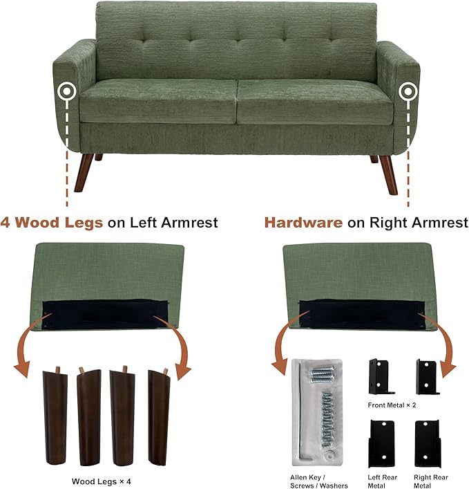 Tbfit 65" W Loveseat Sofa, Mid Century Modern Couches Love Seats for Living Room, Button Tufted Upholstered Small Couch for Bedroom, Solid and Easy to Install Love Seats Furniture, Green
