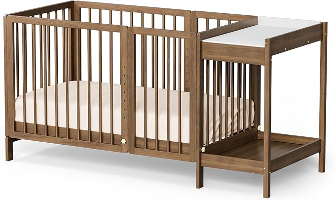 JOYMOR 8 in 1 Convertible Crib with Changer, Include 2” Mattress, Converts to Bassinet, Mid Crib, Full Size Crib, Daybed,Toddler Bed and Playard (Crib with Changer, Honey Wood)