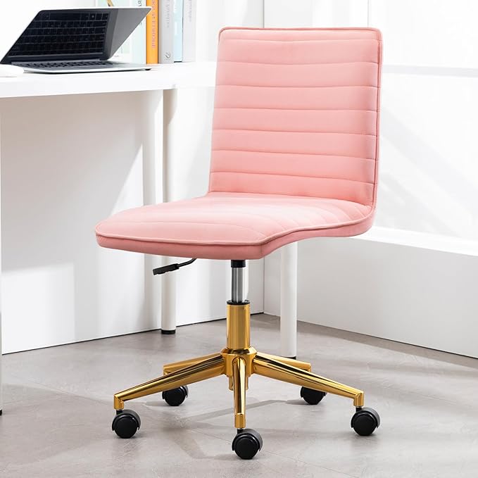 Furniliving Armless Vanity Chair with Wheels, Computer Rolling Desk Chair with Back, Height Adjustable Soft Velvet Fabic Gold Metal Base Stool,Pink