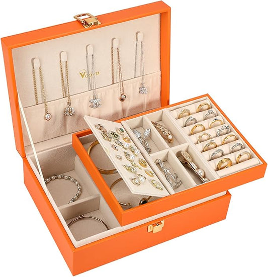 Voova Jewelry Box Organizer for Women Girls, 2 Layer Large Men Jewelry Storage Case, PU Leather Display Jewellery Holder with Removable Tray for Necklace Earrings Rings Bracelets, Vintage Gift,Orange