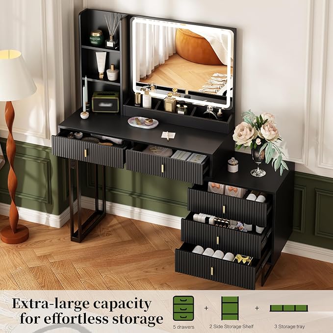 Large Vanity Desk with 3 Color Touch Screen Dimming Mirror, Vanity Desk with Charging Station, Modern Retractable Makeup Dressing Table, Makeup Table With storage shelves and 5 Sliding Drawers, Black