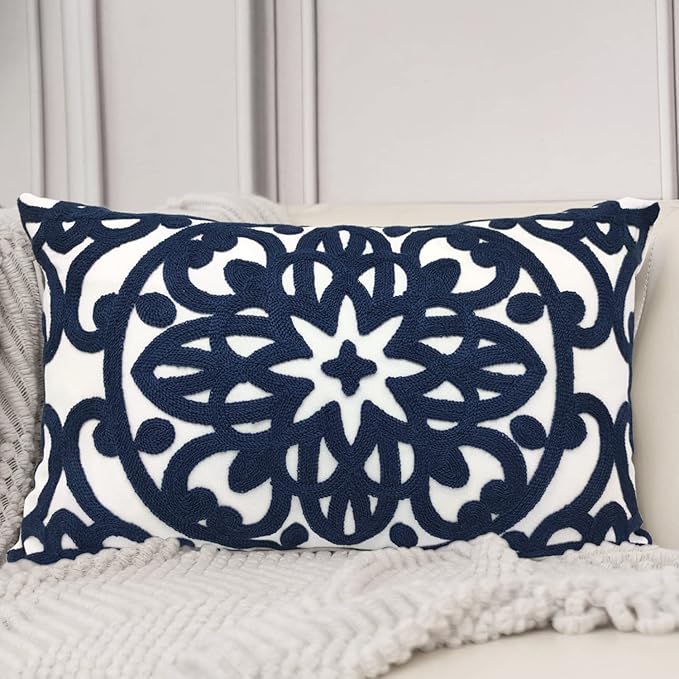 Alysheer Embroidered Lumbar Decorative Throw Pillow Cover 12"x 20", Classic Boho Mandala Embroidery Pattern Cotton Rectangular Cushion Case for Sofa Couch Living Room Bedroom(Navy Blue)