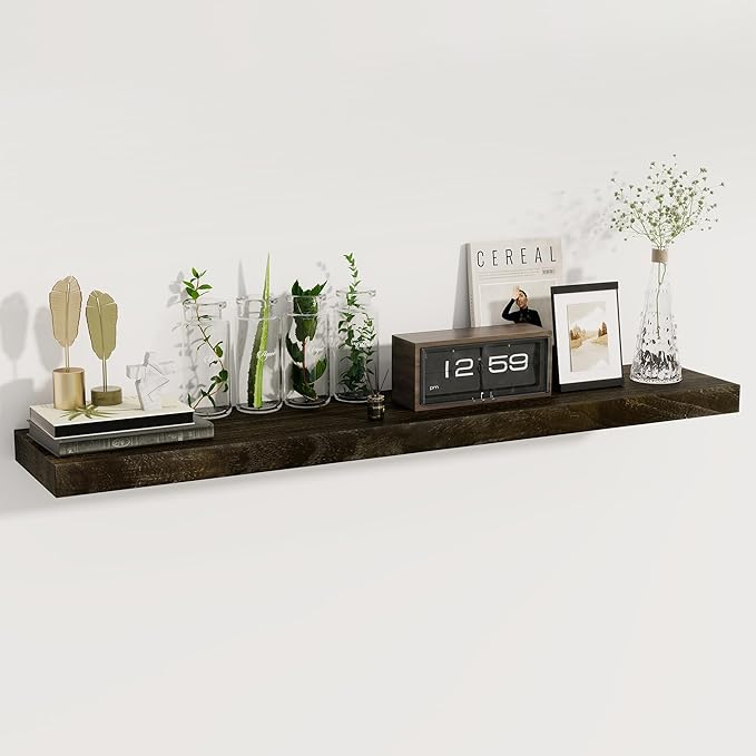 fuqing Floating Shelves for Wall - 48 Inch Natural Wood Shelves Set of 1-48W x 9.3D x 1.6H Wall Mounted Shelves with Upgraded Metal Brackets for Room Wall