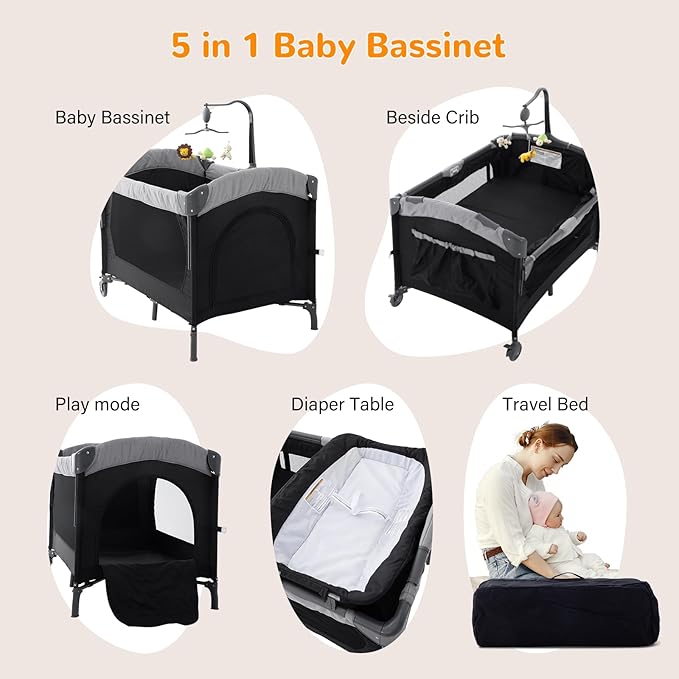 5 in 1 Baby Crib,Bedside Sleeper Bassinet,Pack and Play with Bassinet and Changing Table,Portable Travel Playpen Music Box,Portable Travel Crib for Infant Newborn (Black Gray)