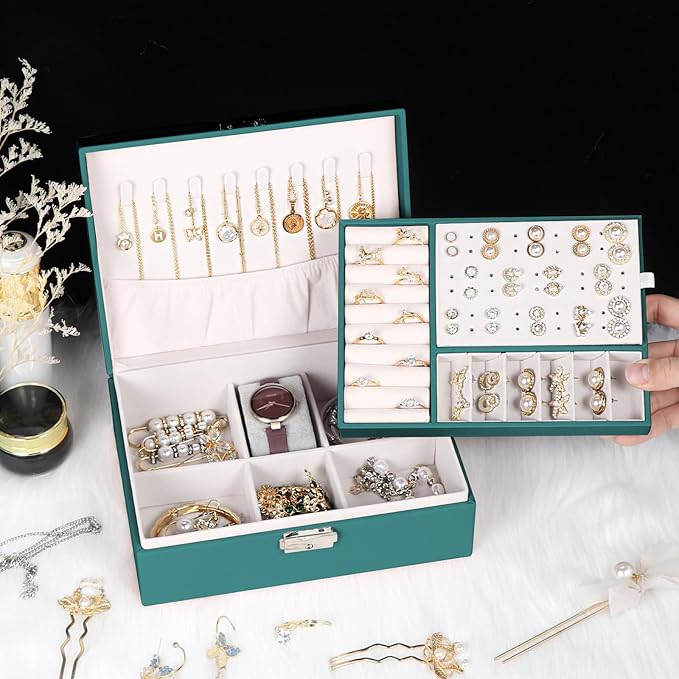 Jewelry Box for Women Girls, 2 Layers Jewelry Organizer Container with Lock, PU Leather Storage Case with Removable Tray, Jewelry Display Box for Necklaces Earrings Bracelets Rings Watches (Green)