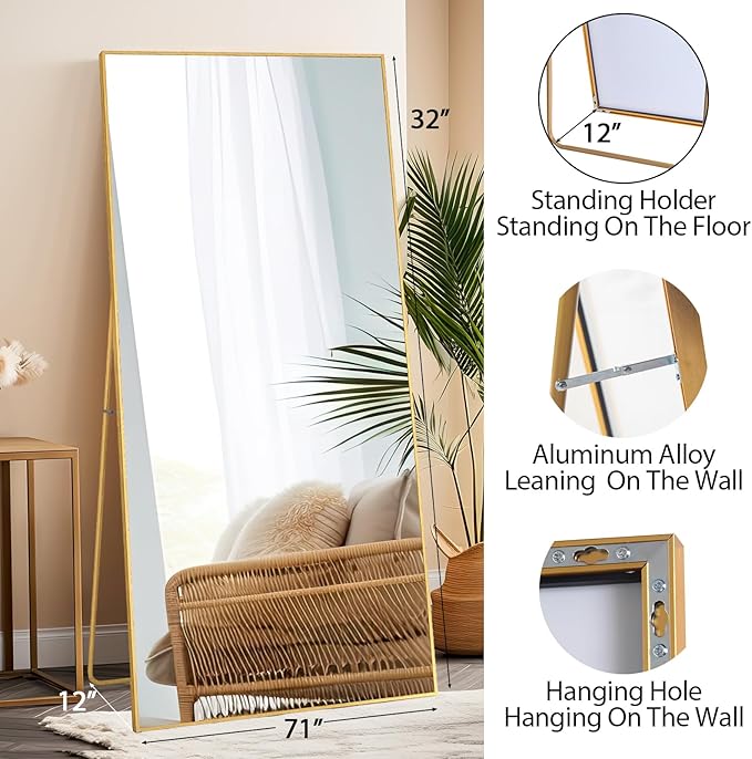 Beauty4U 71" x 32" Large Full Length Mirror with Stand, Gold Wall Mounting Full Body Mirror, Metal Frame Full-Length Tempered Mirror for Living Room, Bedroom