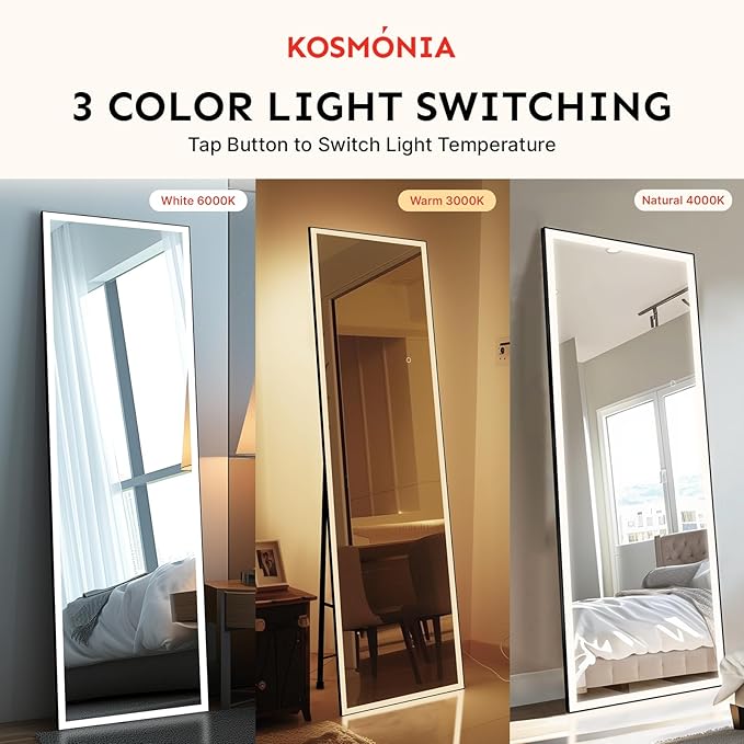 68x20 Full Length Mirror, Dimmable 3 Color LED Light w/Light Memory, Distortion Free Silver Coating Mirror, HD Reflection &Anti Desilvering,Tempered Glass &Shatter Proof Film Doubles Safety