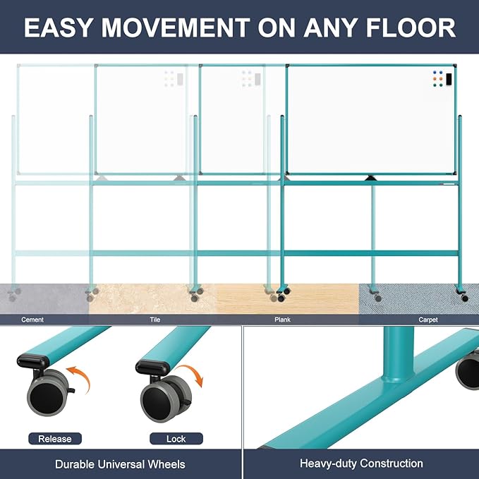 Mobile Whiteboard on Wheels, 48x32 Inches Rolling Whiteboard, Magnetic Dry Erase Board with Stand, Standing White Board for Office, School, Home, Large Double Sided White Board with Paper Pad