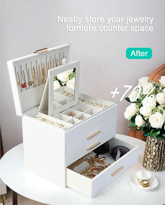 BOOVO Jewelry Boxes for Women, 5 Layer Jewelry Organizer with Necklace Hanger and Drawers, Large Jewelry Box for Earrings, Necklace and Bracelet Storage Gifts for Women and Girls (White, 5 Layer)