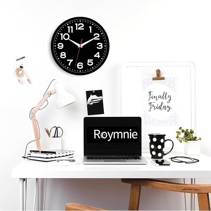 Wall Clock Silent Non-Ticking Modern Clock Battery Operated 10 Inch Small Classic Analog Decorative for Kitchen, Living Room, Office, Bedroom, Bathroom (Black Black)