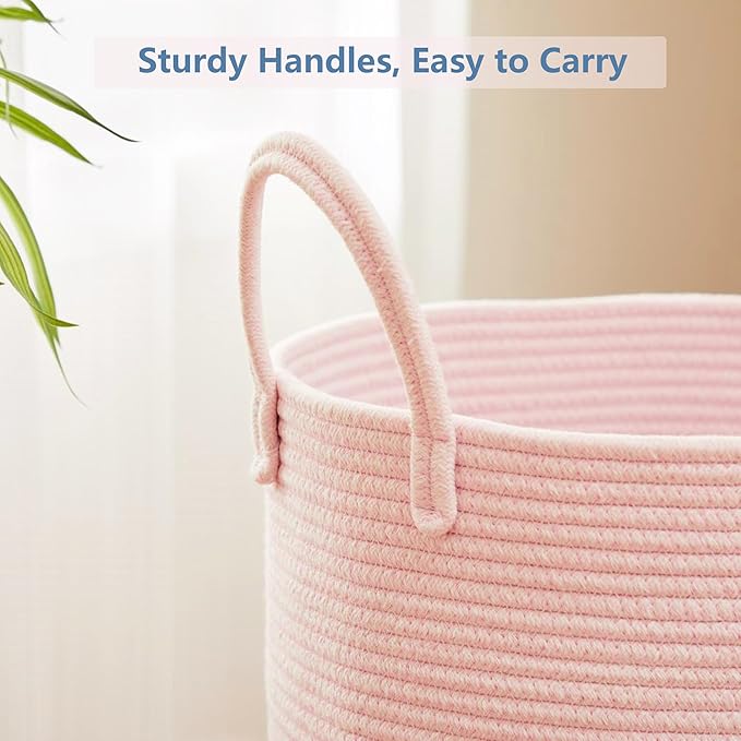 Pink Hamper Laundry Basket for Baby Girls Nursery Hamper for Kids Woven Rope Clothes Basket for Little Girls Room Bedroom Light Pink Kawaii Laundry Bin