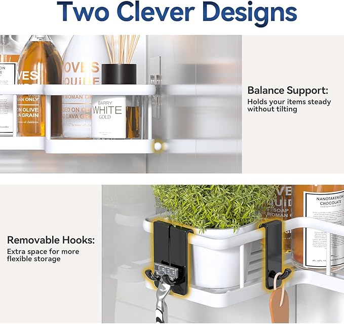 YASONIC Corner Shower Caddy Organizer, 5-Pack Self-Adhesive Rustproof Bath Shelves with Soap Holder & 4 Hooks, Large Capacity Shower Storage Rack for Bathroom Organization, White