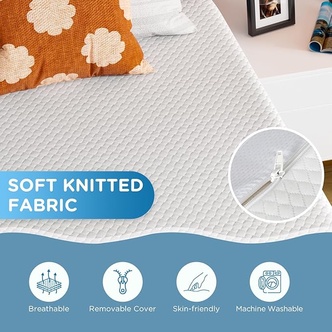 PayLessHere 14 Inch King Mattress Base Foam Mattress,Removable Soft Cover,Bunk Bed, Trundle, Daybed,White，Fiberglass Free