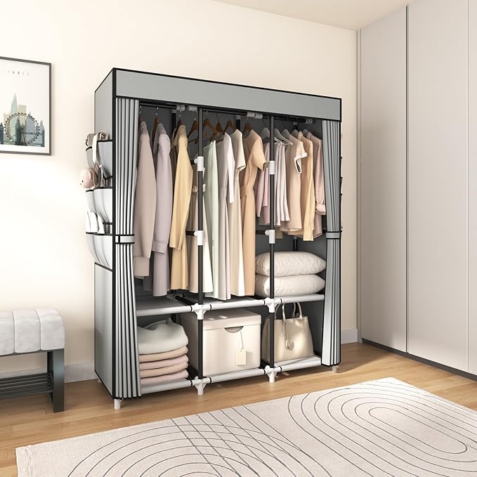 VTRIN Portable Closet Wardrobe for Hanging Clothes Closet with Cover, 3 Hanging rods, 6 Storage Shelves and Side Pocket, Diameter 19mm Metal Pipe, Sturdy Free Standing Closet for Bedroom
