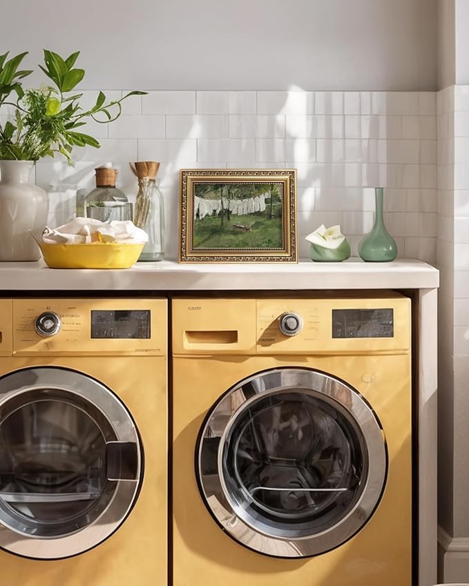 VIYYIEA Gold Framed Wall Art, Drying White Clothes Canvas Print Home Decor Vintage Art Painting Picture Bathroom Wall Decor, Oil Artwork for Living Room Bedroom Kitchen Office - 10L x 8W