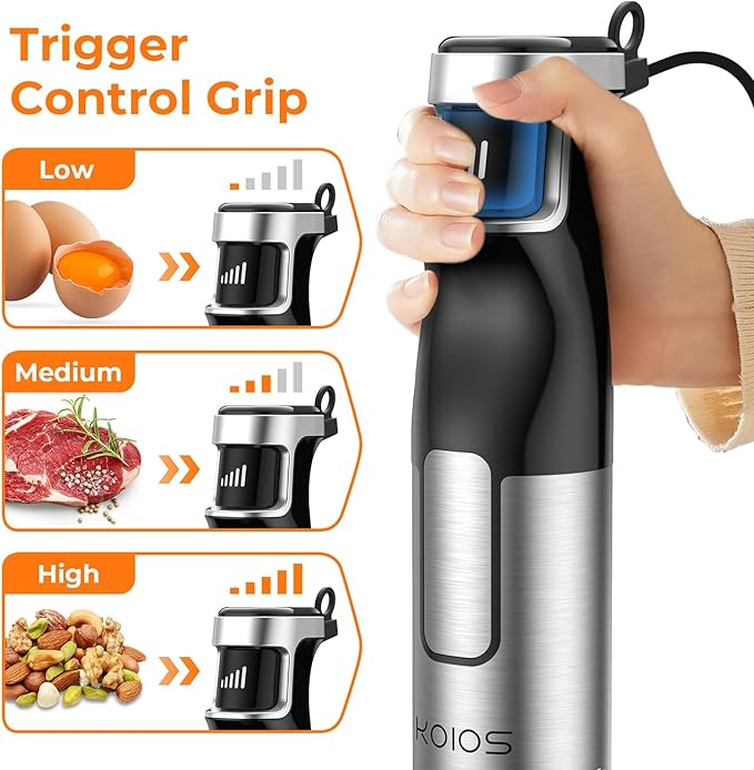 KOIOS Immersion Blender Handheld - Trigger Variable Speed 5-in-1 Immersion Hand Blender 1100W, Anti-Scratch Stainless Steel Shaft, Chopper & Milk Frother, Non-BPA for Soup, Baby Food and Smoothies