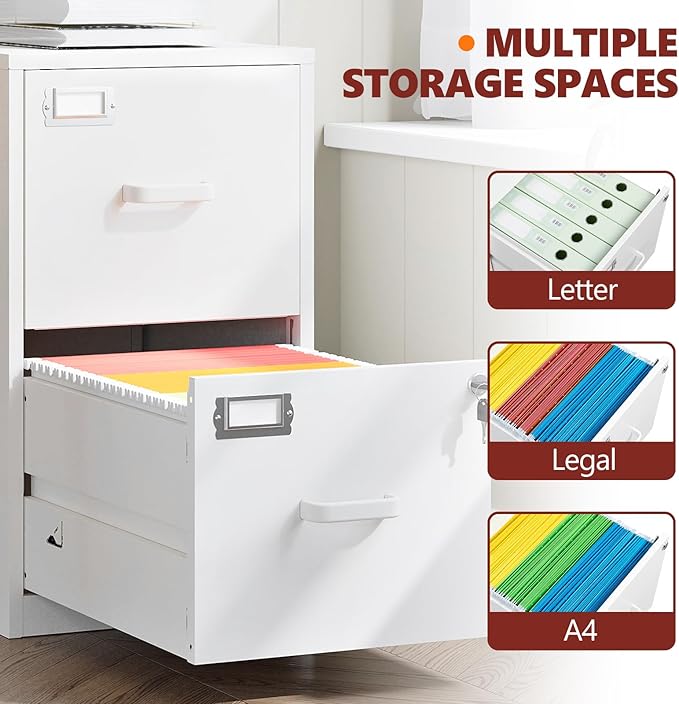 2 Drawer File Cabinet with Lock,Metal File Cabinets for Home Office, Under Desk File Cabinet for A4/Letter/Legal Size (White)