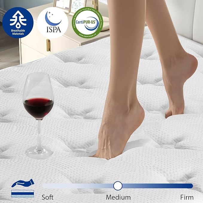inight Queen Size Mattress 14 Inch, Hybrid Queen Mattress in a Box for Comfort Night, Gel Memory Foam Medium Firm Mattress with Pocket Coils for Pressure Relief Motion Isolation, 180 Night Trial