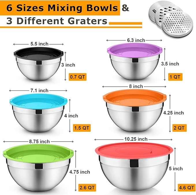 P&P CHEF Mixing Bowls with Lids Set of 6, Stainless Steel Nesting Salad Bowl & 3 Grater Attachments for Prepping Storing, 4.6/2.6/2/1.5/1/0.7 QT, Multicolor