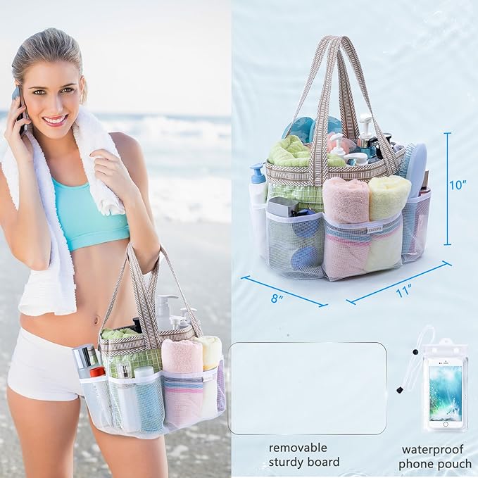 Mesh Shower Caddy Portable for College Dorm Room Essentials with Waterproof Phone Pouch, Shower Bag with Reinforced Bottom for Beach,Camping, Swimming,Gym, Quick Dry Toiletry Bag with 6 Pockets