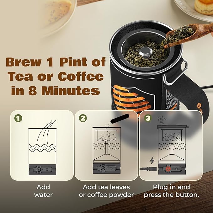 Percolator Coffee Pot Electric,Boil Water & Brew Tea 2-in-1,3 Cup Coffee Maker,Portable Tea Kit for Camping,Travel