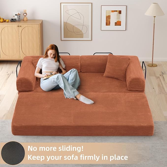 Rovibek 4-in-1 Convertible Sleeper Sofa Bed Queen Size, Foldable Floor Couch Corduroy, Folding Futon Sofa Beds with Pillow and Fixed-Shape Frame, Suitable for Living Room, Bedroom, Lounge, Orange