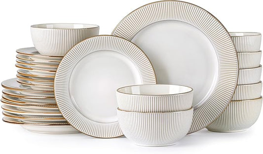 GBHOME Ceramic Dinnerware Sets, 24 pcs Embossed Elegant Stoneware Plates and Bowls Sets, Housewarming Wedding Gift | Dishwasher & Microwave Safe | Dishes Set Service for 8