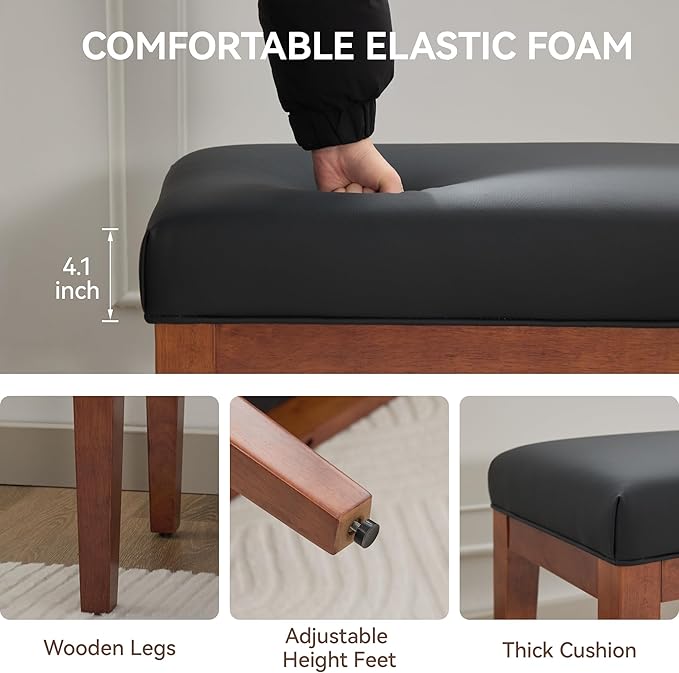 43.5'' Faux Leather Bedroom Bench, Upholstered End of Bed Bench, Padded Vintage Dining Bench, Entryway Bench with Solid Wood Legs, Kitchen, Living Room, Hallway, Black
