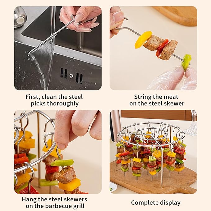 2025 New Air Fryer Grill Skewer Rack, Stainless Steel BBQ Kabob Set, 30 Vertical Meat Skewers with Round Hanging (1)