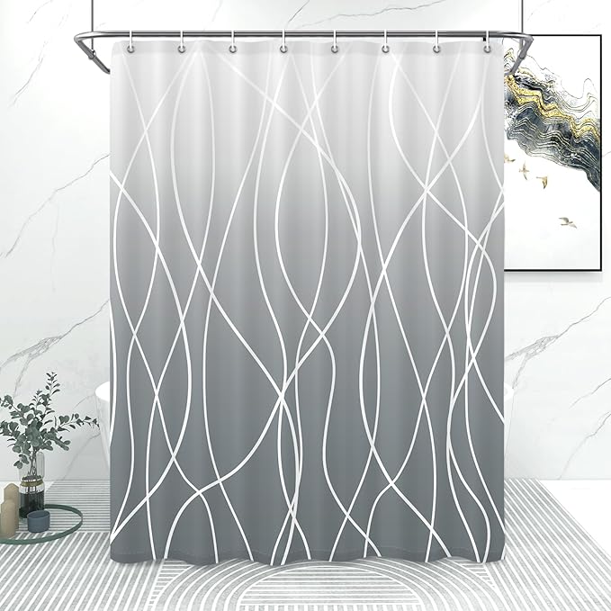 Punkray Ombre Grey Shower Curtain for Bathroom with Hooks, White Shower Curtain Set, Stripe Bath Curtains Decorative Shower Curtains Water Repellent Washable, 54 x 72