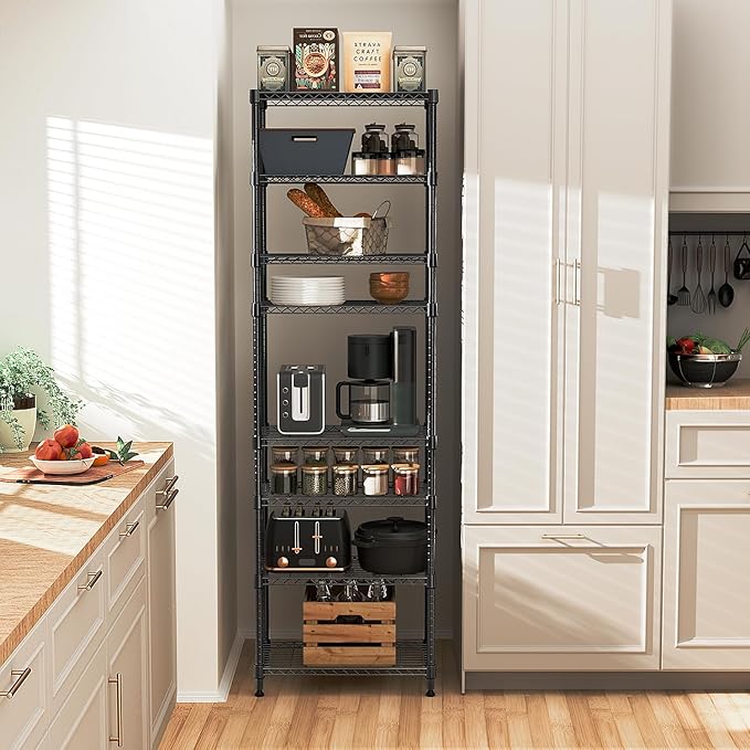 8 Tier 2000 lbs Storage Rack Metal Wire Shelving Unit, Storage Standing Shelf Organizer for Laundry Bathroom Kitchen Pantry Closet Garage Basement Utility Room, Black 13.8" D x 23.6" W x 79.5" H