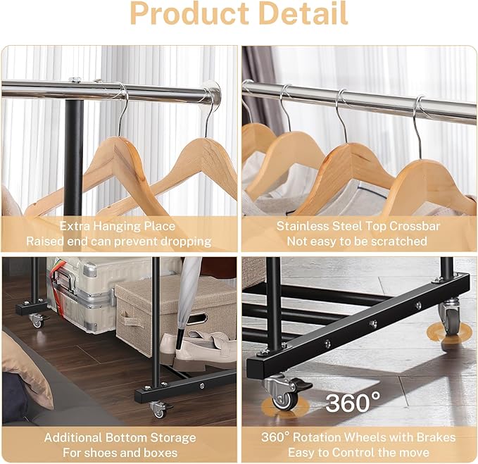 Clothes Rack, Double Clothing Rack with Wheels and Extra Wide Bottom Shelf, 52.36’’ Heavy Duty Garment Racks for Hanging Clothes, Coats, Shirts, Skirts, Dresses, 130LB Capacity, Black