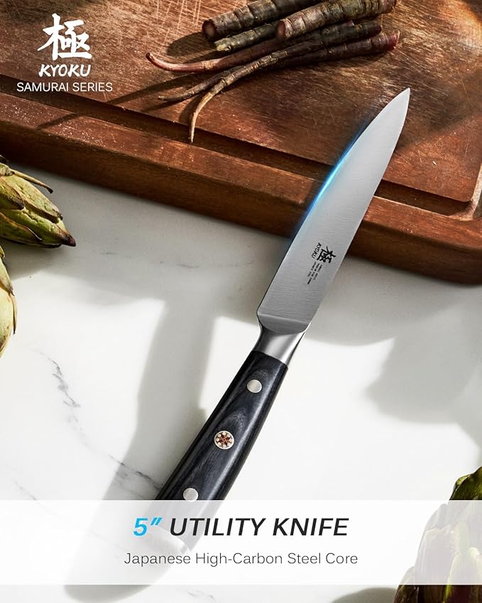 KYOKU 5" Kitchen Utility Knife, Samurai Series Chef Knife with Pakkawood Handle & Mosaic Pin, Japanese High Carbon Steel Knife, Full Tang Kitchen Knife for Vegetable Fruit Herb with Sheath and Case