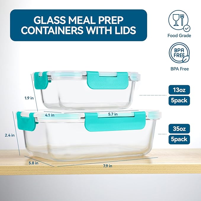 BAYZZ 10 Pack Glass Meal Prep Containers, Glass Food Storage Containers with Lids, Airtight Lunch Box, Freezer,Oven,Microwave and Dishwasher Safe,Green