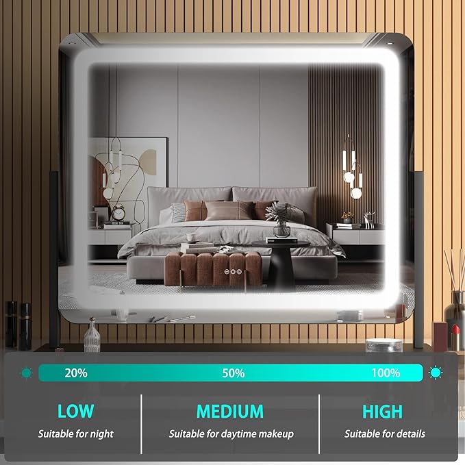 Hasipu Vanity Mirror with Lights, 24.2" x 18.9" LED Make up Mirror, Light up Mirror with 10X Magnification and USB Charging Port, Phone Holder, Smart Touch 3 Colors Dimmable, 360° Rotation (Black)