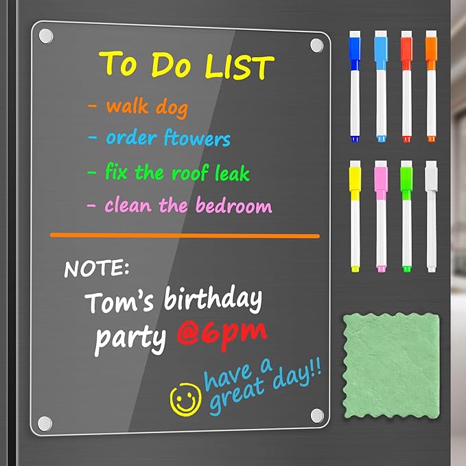 PigPotParty Clear Acrylic Magnetic Whiteboard for Fridge, 1 Pack 9.5"x12" Dry Erase Board Blank Memo to Do Shopping/Grocery List Meal Planner Chore Chart for Adult Teens Kids, w/ 8 Markers & 1 Towel