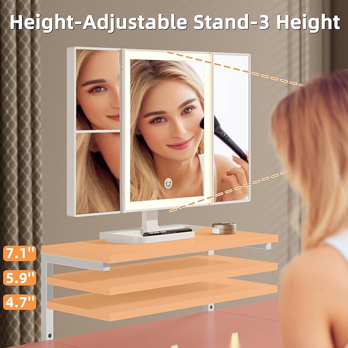 Small Makeup Vanity Desk 27.5''W with Mirror and Lights, Vanity Desk with 3 Fabric Drawers and Height-Adjustable Stand, Vanity Table for Girls Gifts, Bedroom and Small Spaces, Pink