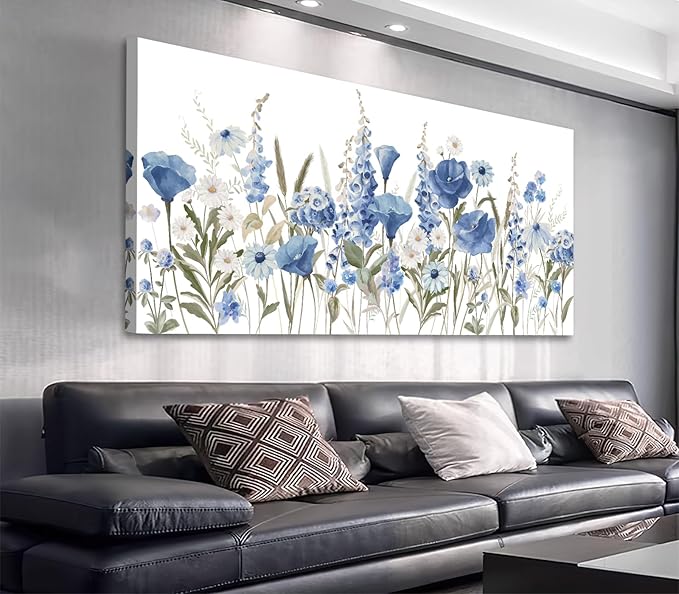 arteWOODS Elegant Flowers Wall Art - Blue White Botanical Pictures for Wall Decor Floral Blossom Canvas Painting Print Artwork for Living Room Bedroom Home Office Wall Decoration 20" x 40"