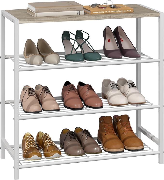 Yusong Shoe Rack Organizer, 4 Tier Industrial Shoe Storage Shelf for Closet Entryway, Narrow Sturdy Metal Shoe Shelves, White