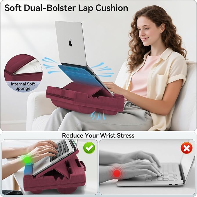 Laptop Lap Desk with Cushion, Adjustable Lap Desk Pillow with Storage, Portable Lap Table for Adults Student, Laptop Stand for Bed Office Dorm Home Room Couch, Fits Up to 14.9" PC Tablet, Red