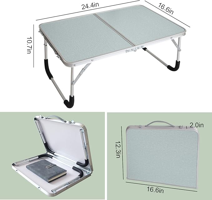 Foldable Laptop Table, Bed Desk, Breakfast Serving Bed Tray, Portable Mini Picnic Table & Ultra Lightweight, Folds in Half with Inner Storage Space (Silvery)