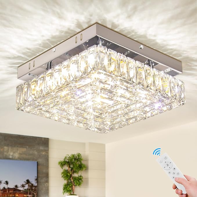 FRIXCHUR 10.6" Modern Crystal Chandeliers Square Crystal Ceiling Light LED Chandelier with Remote Control Mini Bedroom Flush Mount Ceiling Lights Fixture for Kitchen Hallway Dining Room (Dimmable)