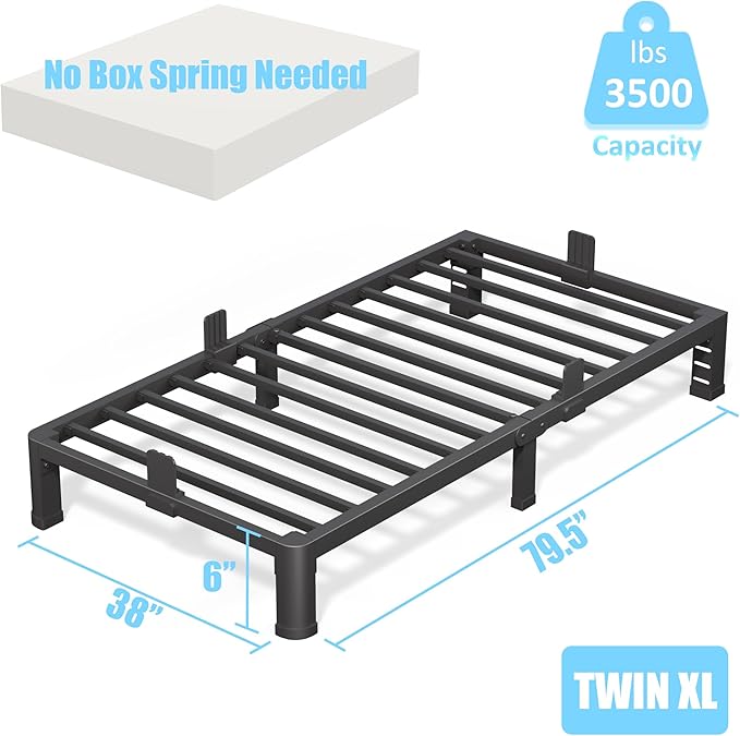 FUIOBYVV 6 Inch Twin XL Bed Frame with Rounded Corner and Headboard Hole Mattress Retainers 3500 LBS Metal Heavy Duty Steel Slats Support No Box Spring Needed Platform Noise Free Easy Assembly