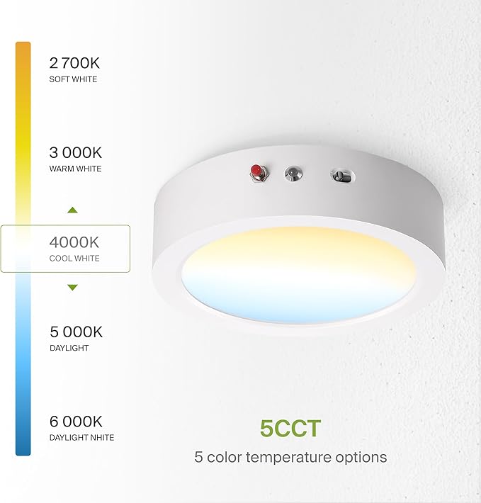 ASD LED 9" Round Flush Mount Ceiling Light Fixture, Low Profile Surface Lighting | 5CCT, Dimmable, Battery Backup, ETL Listed | 18W 1600LM 2700-6000K 120V | Kitchen, Bedroom, Hallway Lamp | White