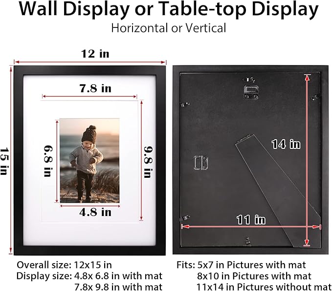 KINLINK 11x14 Picture Frame Black, Solid Wood Frames with Acrylic Plexiglass for Pictures 5x7/8x10 with Mat or 11x14 without Mat, Tabletop and Wall Display, Set of 4
