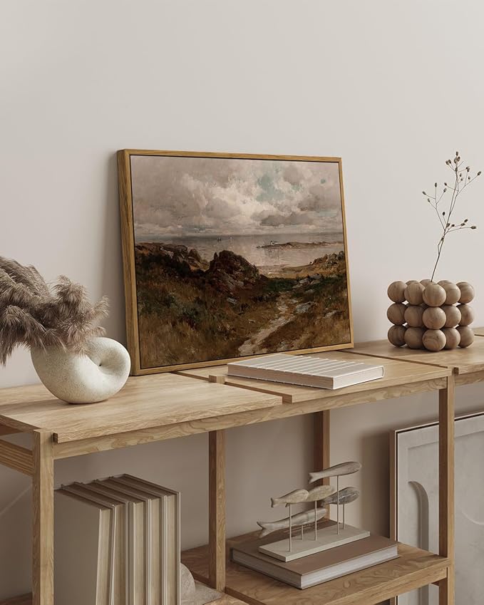 InSimSea Framed Canvas Wall Art Vintage Decor, Seaside Path Wilderness Landscape Paintings Artwork, Large Prints, Retro Wall Decorations for Living Room Bedroom Bathroom, 16"x24"