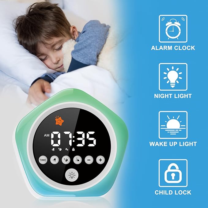 Kids Alarm Clock, Ok to Wake Clock for Kids, Toddler Sleep Training Alarm Clock with Red Green Light, Teaches Time Management & Bedtime Routine, Perfect Clock Gift for Kids