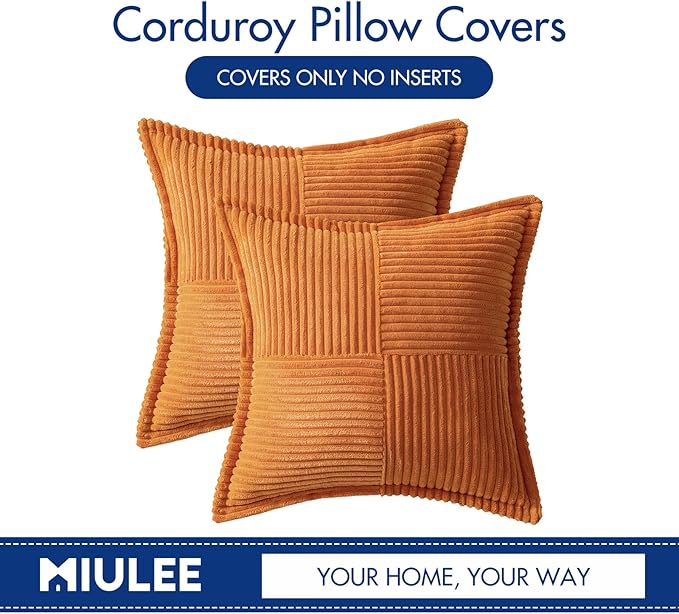 MIULEE Burnt Orange Fall Decorative Throw Pillow Covers for Couch Bed Livingroom 16x16 Inch Set of 2 Boho Accent Throw Pllows Broadside Striped Patchwork Soft Corduroy Pillowcases